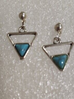 Silver Triangle Drop Earrings with Blue Stone